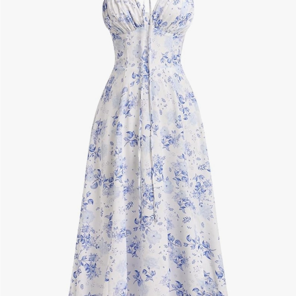 Floral Blue and White Sundress, Milkmaid, Maxi Dress